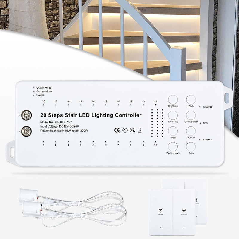 20CH všestranný LED ovladač osvětlení schodiště (bezdrátové ovládání nástěnného panelu + pohybový senzor) 20CH všestranný LED ovladač osvětlení schodiště (bezdrátové ovládání nástěnného panelu + pohybový senzor)