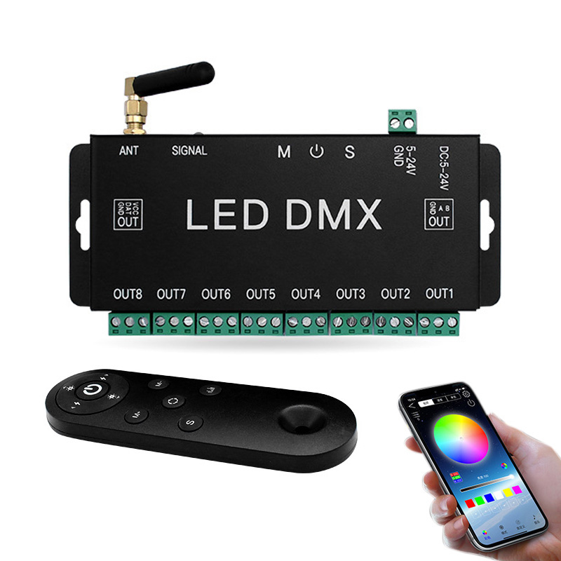 Bezdrátový Bluetooth RF digitální SPI DMX512 8kanálový LED ovladač světla Bezdrátový Bluetooth RF digitální SPI DMX512 8kanálový LED ovladač světla