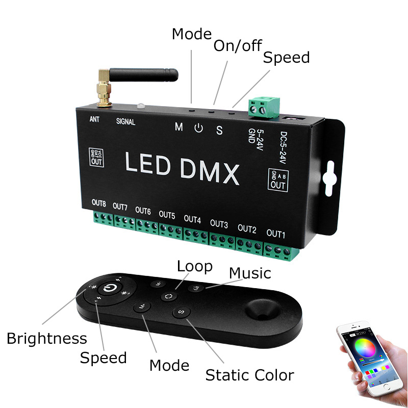 Bezdrátový Bluetooth RF digitální SPI DMX512 8kanálový LED ovladač světla Bezdrátový Bluetooth RF digitální SPI DMX512 8kanálový LED ovladač světla