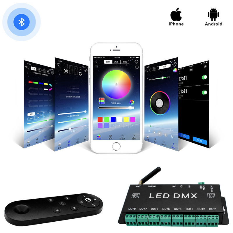Bezdrátový Bluetooth RF digitální SPI DMX512 8kanálový LED ovladač světla Bezdrátový Bluetooth RF digitální SPI DMX512 8kanálový LED ovladač světla