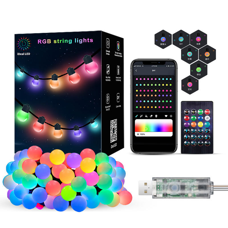 Bluetooth Outdoor Patio LED Light Bulb USB String Lights RGB Color Changing