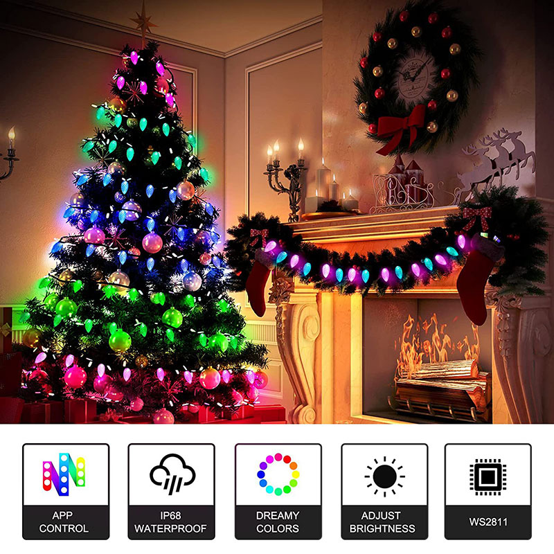 Sada venkovních svátečních světel C9 LED vánočních světel ovládaná aplikací Color Chase Bluetooth APP Sada venkovních svátečních světel C9 LED vánočních světel ovládaná aplikací Color Chase Bluetooth APP