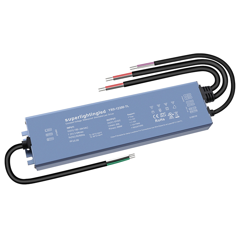 AC110V/220V DC12V 300W 25A UL-Listed LED Waterproof IP67 Triac and 0/1-10V Dimmable LED Dimming Power Supply