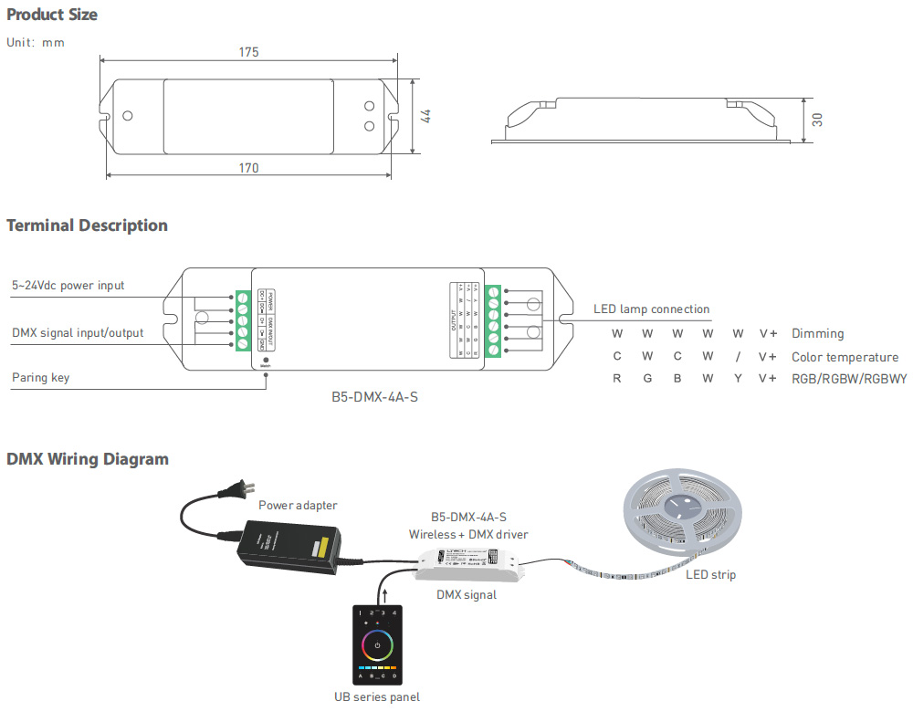Bezdrátový Bluetooth DMX ovladač B5-DMX-4A-S
