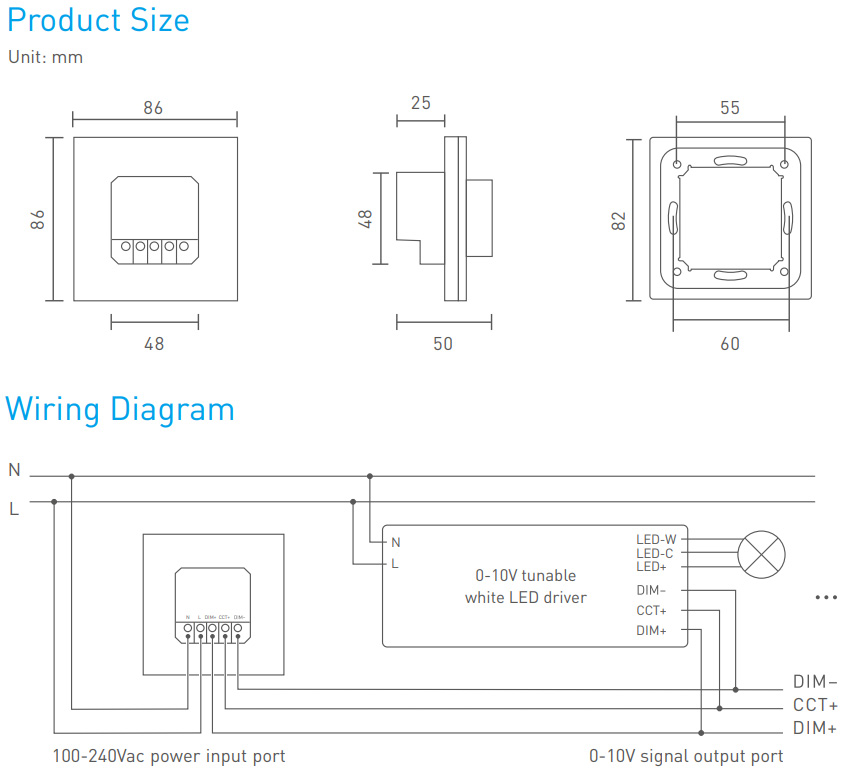 E610P-CT RF-Wandmontage-LED-Dimmer mit abstimmbarem Weiß für 0–10 V
