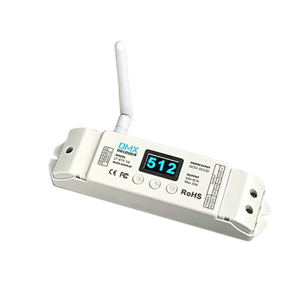 LT-874-5A, 4CH bezdrátový CV DMX dekodér, špičkový DMX dekodér pro LED žárovky a LED pásy budov, 5 záruky