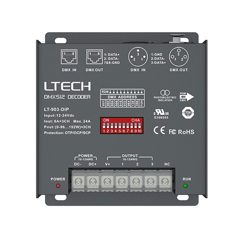 Max.576W,24A,3CH CV DMX dekodér LT-903-DIP Max.576W,24A,3CH CV DMX dekodér LT-903-DIP