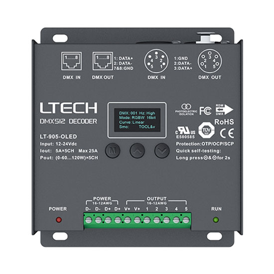 DC12V/24V,5CH,600W,CV RGBCCT DMX512/RDM LED dekodér LT-905-OLED na seznamu UL DC12V/24V,5CH,600W,CV RGBCCT DMX512/RDM LED dekodér LT-905-OLED na seznamu UL