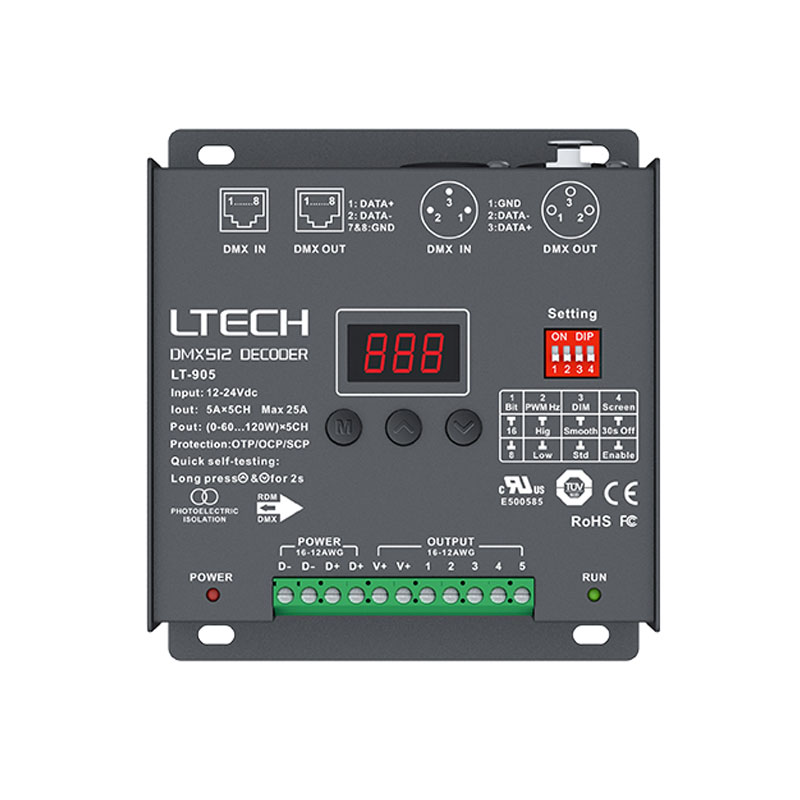 DC12-24V 600W 5CH CV DMX dekodér LT-905 DC12-24V 600W 5CH CV DMX dekodér LT-905