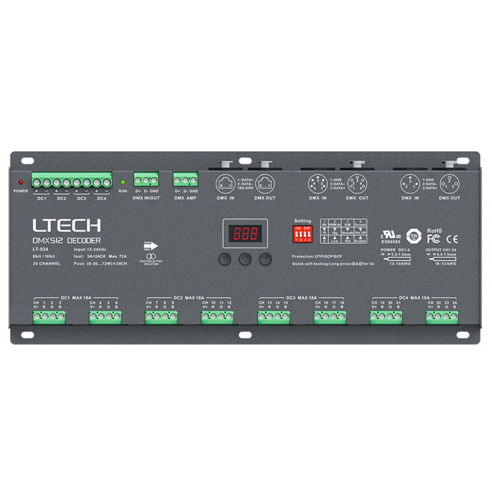 24CH CV DMX LED dekodér LT-924-OLED na seznamu UL 24CH CV DMX LED dekodér LT-924-OLED na seznamu UL