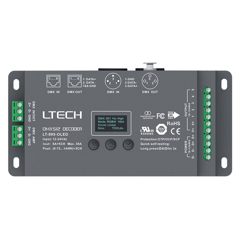 DC12V~DC24V,720W,5CH CV DMX dekodér LT-995-OLED DC12V~DC24V,720W,5CH CV DMX dekodér LT-995-OLED