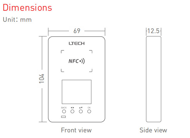 LT-NFC ltech DALI Bluetooth NFC Programmer size