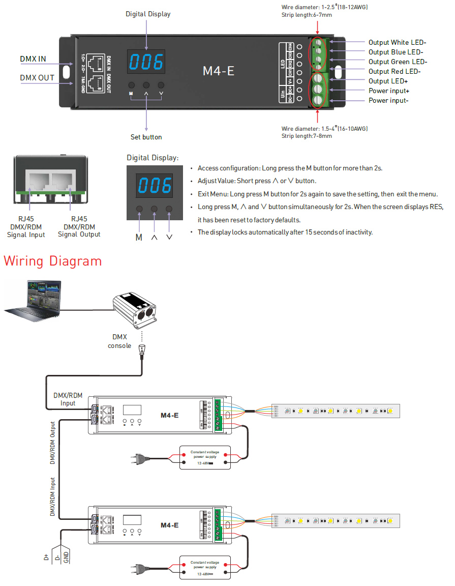 Detail dekodéru Ltech M4-E 16Bit 8Bit RJ45 DMX RDM 4CH