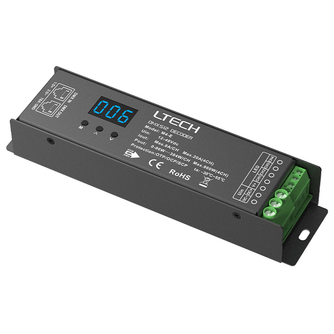 M4-E DC12V až 48V 16Bit 8Bit RJ45 DMX RDM dekodér Max 24A 4CH Celkem M4-E DC12V až 48V 16Bit 8Bit RJ45 DMX RDM dekodér Max 24A 4CH Celkem