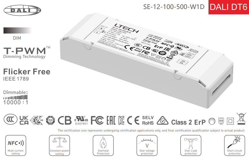 SE-12-100-500-W1D Constant Current DALI-2 DT6 LED Driver