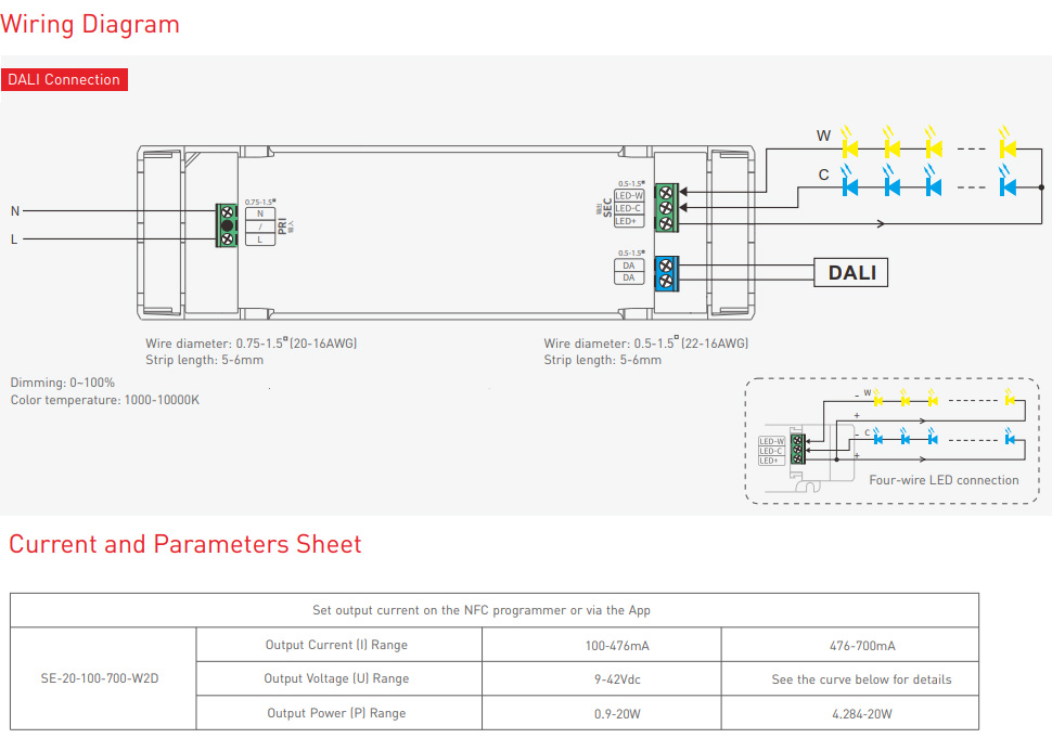 SE-20-100-700-W2D NFC DALI-2 DT6 DT8 CC LED Driver