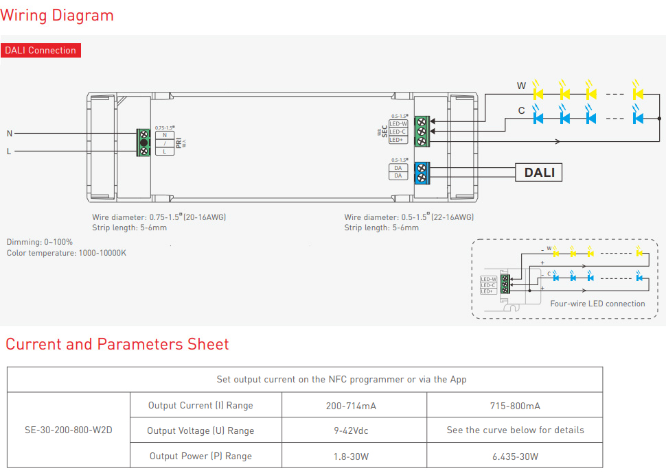 SE-30-200-800-W2D NFC CC DALI Tunable White LED Driver