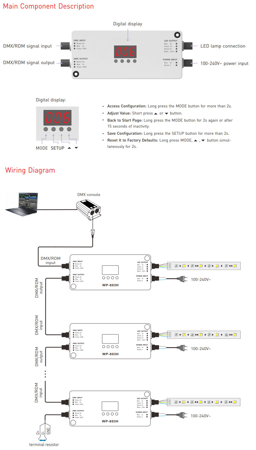 WP-803H 3CH vysokonapěťový LED DMX512 RDM dekodér venkovní