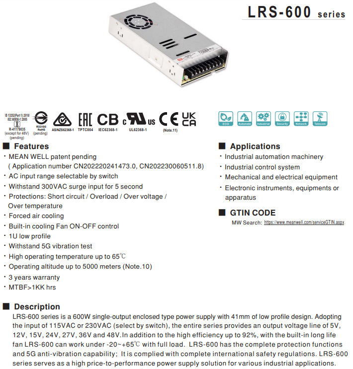 LRS-600 MeanWell led power supply 