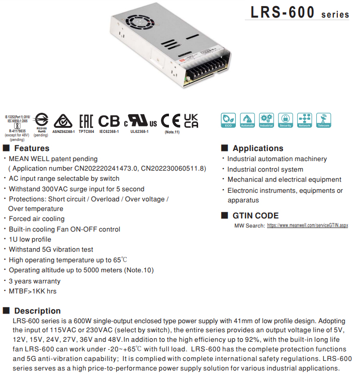 LED napájecí zdroj LRS-600 MeanWell