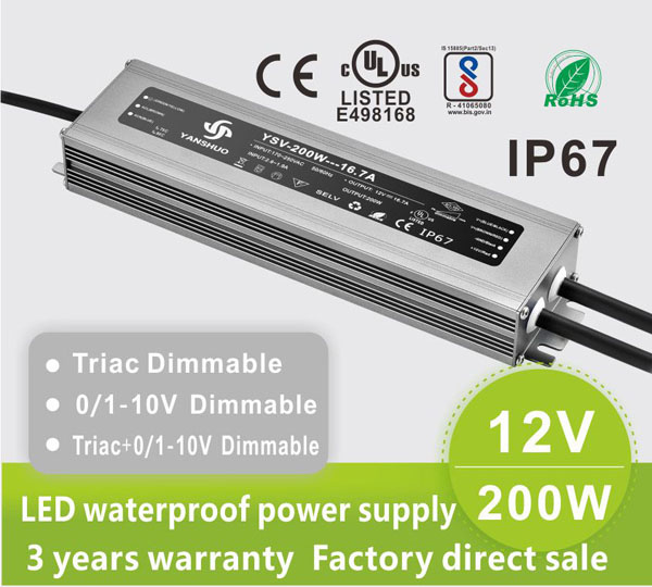 AC110V/220V DC12V 200W 16.7A LED Vodotěsný Triac IP67 a 0/1-10V stmívatelný LED stmívací zdroj