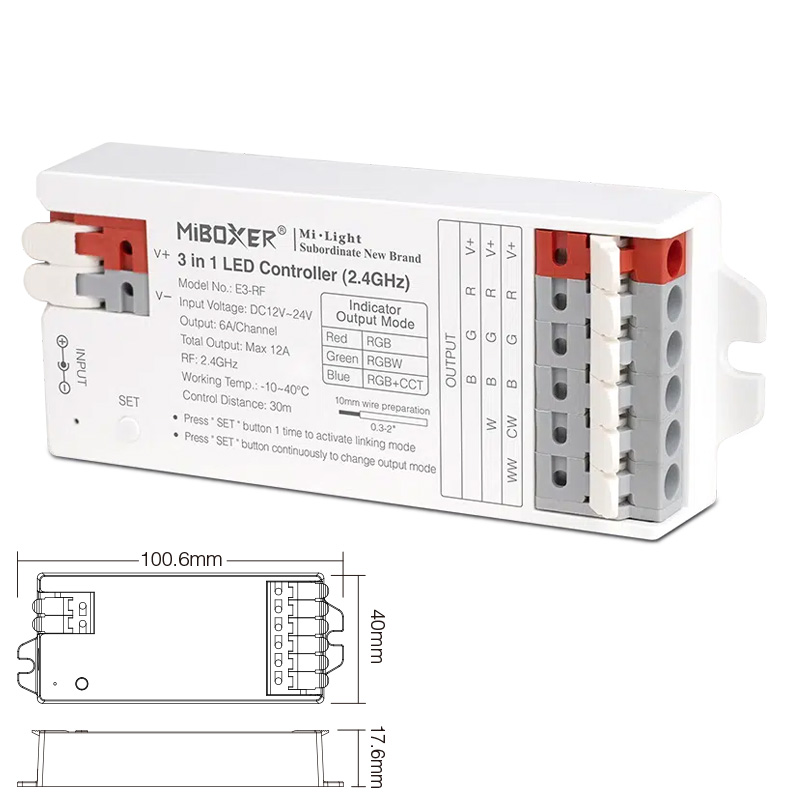 E3-RF Beznástrojový RF 3-v-1 RGB RGBW RGBCCT LED ovladač pro změnu barvy E3-RF Beznástrojový RF 3-v-1 RGB RGBW RGBCCT LED ovladač pro změnu barvy