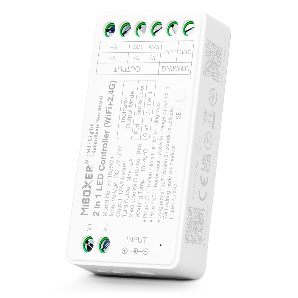 FUT035W+ Tuya WiFi 2v1 laditelný bílý RF LED páskový ovladač - DC12~24V vstup FUT035W+ Tuya WiFi 2v1 laditelný bílý RF LED páskový ovladač - DC12~24V vstup