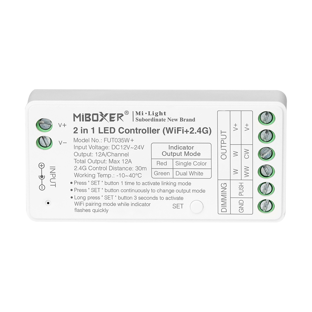 FUT035W+ Tuya WiFi 2v1 laditelný bílý RF LED páskový ovladač - DC12~24V vstup FUT035W+ Tuya WiFi 2v1 laditelný bílý RF LED páskový ovladač - DC12~24V vstup