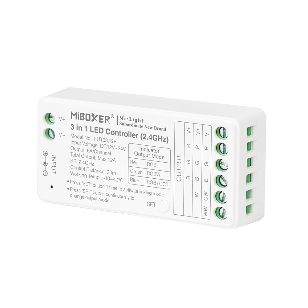 FUT037S+ 2.4 GHz 5-in-1-RGBCCT-LED-Streifen-Controller – DC 12–24 V Eingang FUT037S+ 2.4 GHz 5-in-1-RGBCCT-LED-Streifen-Controller – DC 12–24 V Eingang