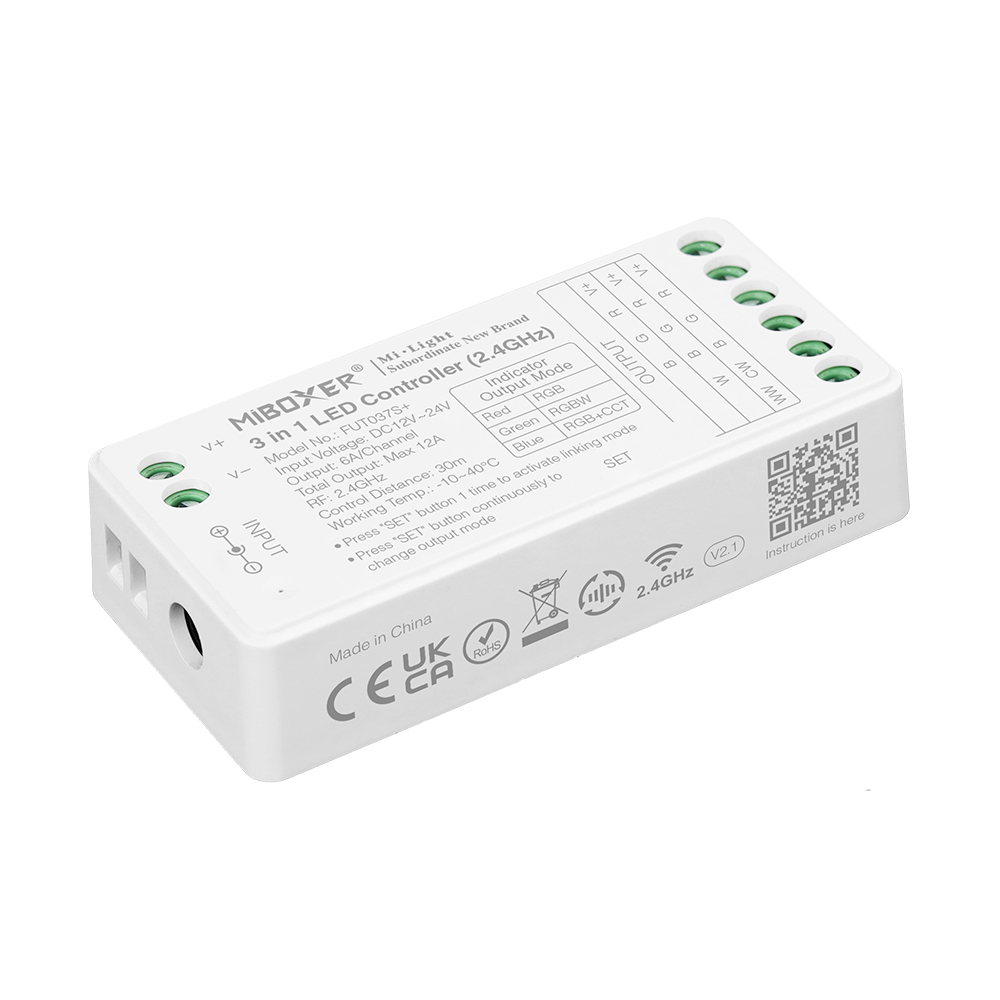 FUT037S+ 2.4 GHz 5-in-1-RGBCCT-LED-Streifen-Controller – DC 12–24 V Eingang FUT037S+ 2.4 GHz 5-in-1-RGBCCT-LED-Streifen-Controller – DC 12–24 V Eingang