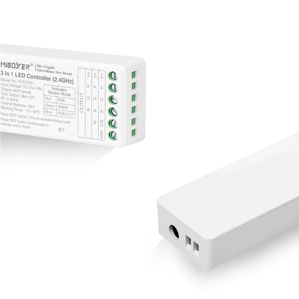 FUT037S+ 2.4 GHz 5-in-1-RGBCCT-LED-Streifen-Controller – DC 12–24 V Eingang FUT037S+ 2.4 GHz 5-in-1-RGBCCT-LED-Streifen-Controller – DC 12–24 V Eingang