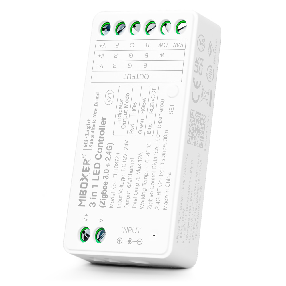 FUT037Z+ Zigbee 3.0 5v1 RF RGBWW Ovladač LED pásků - vstup DC12~24V FUT037Z+ Zigbee 3.0 5v1 RF RGBWW Ovladač LED pásků - vstup DC12~24V