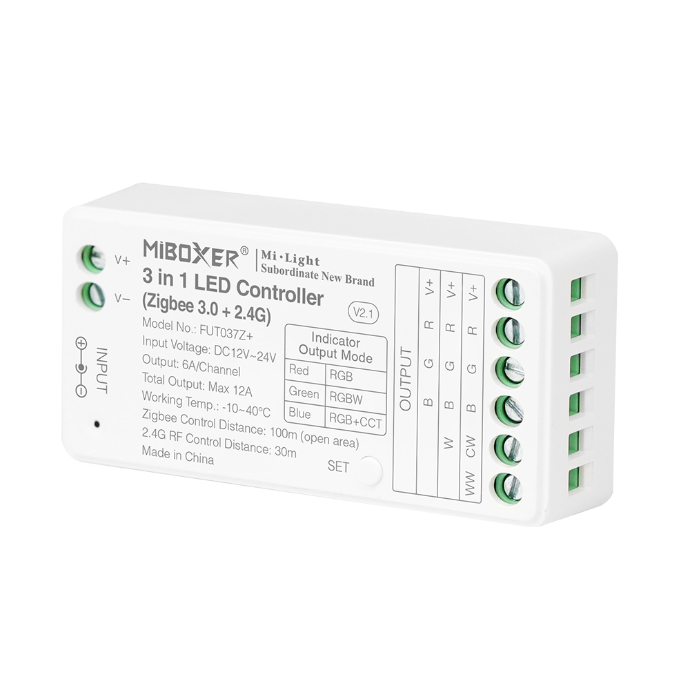 FUT037Z+ Zigbee 3.0 5v1 RF RGBWW Ovladač LED pásků - vstup DC12~24V FUT037Z+ Zigbee 3.0 5v1 RF RGBWW Ovladač LED pásků - vstup DC12~24V