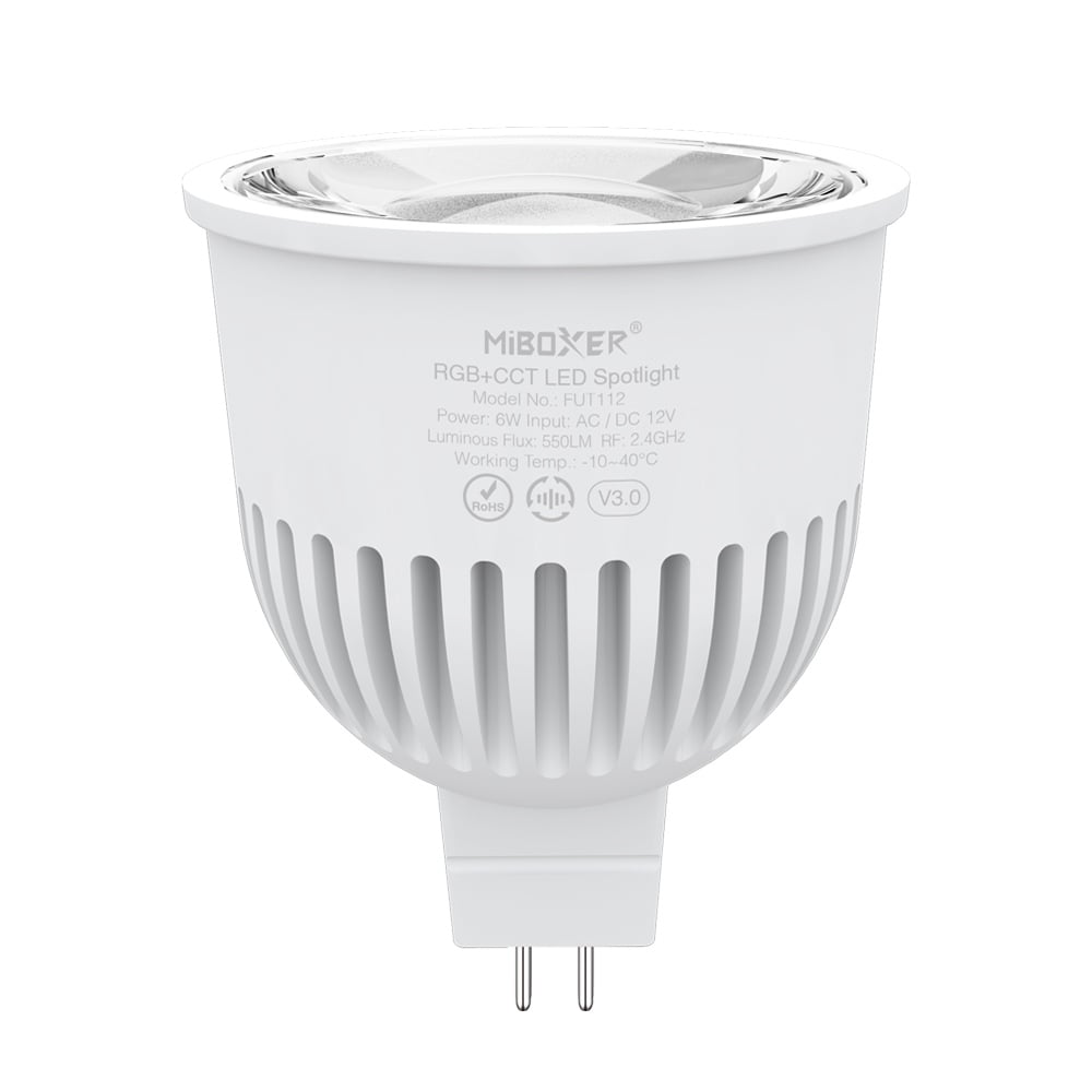 FUT112 MiBoxer 6W MR16 RGB+CCT LED Spotlight, 12V AC/DC, 2.4G RF FUT112 MiBoxer 6W MR16 RGB+CCT LED Spotlight, 12V AC/DC, 2.4G RF
