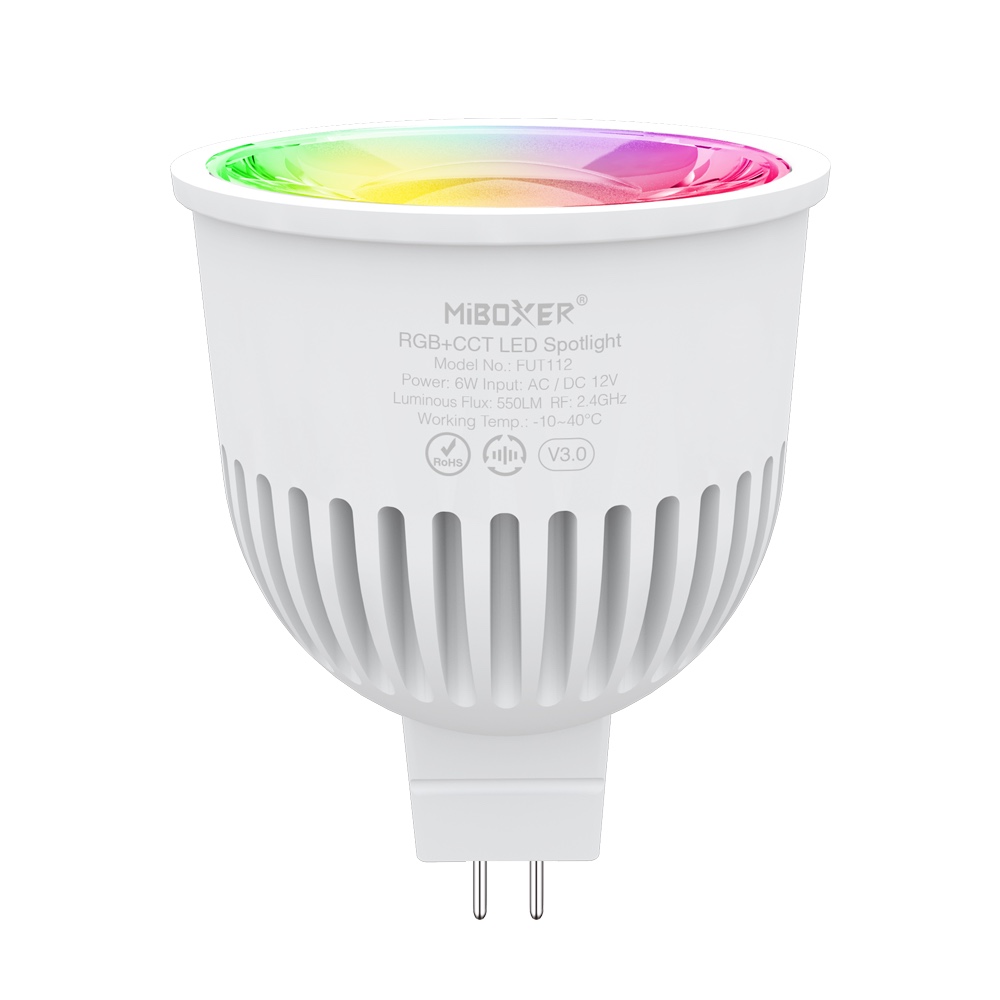 FUT112 MiBoxer 6W MR16 RGB+CCT LED Spotlight, 12V AC/DC, 2.4G RF FUT112 MiBoxer 6W MR16 RGB+CCT LED Spotlight, 12V AC/DC, 2.4G RF