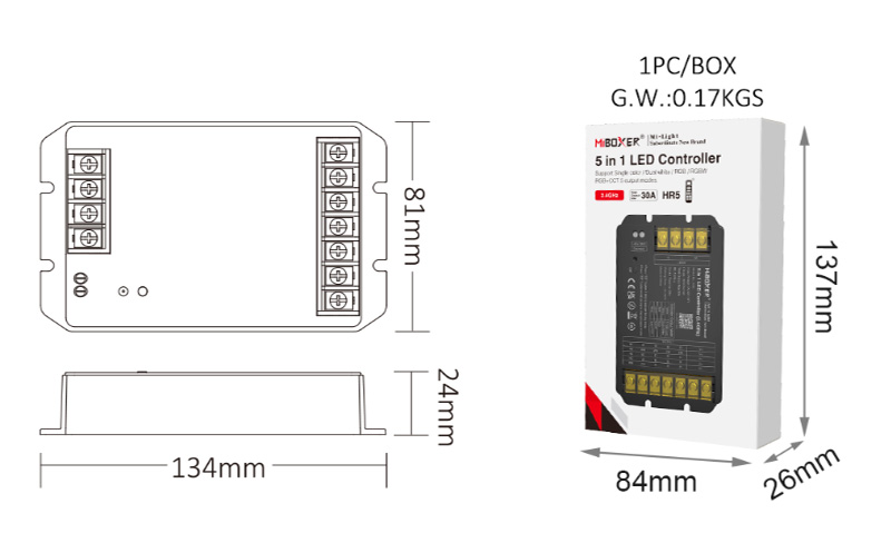 HR5 RF Dimmer 5 in1 Smart LED Strip Controller Size