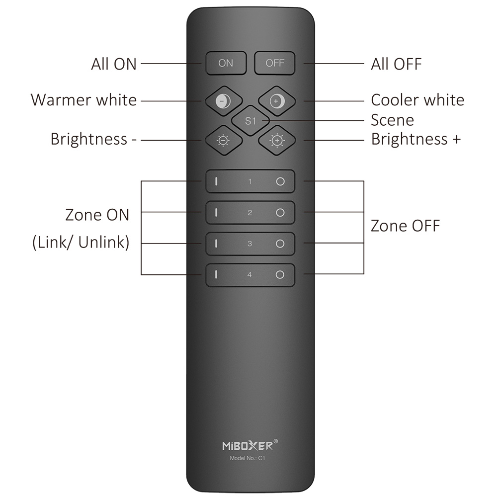 C1 RF Wireless 4-zónový CCT Color Temperature LED Remote Black C1 RF Wireless 4-zónový CCT Color Temperature LED Remote Black
