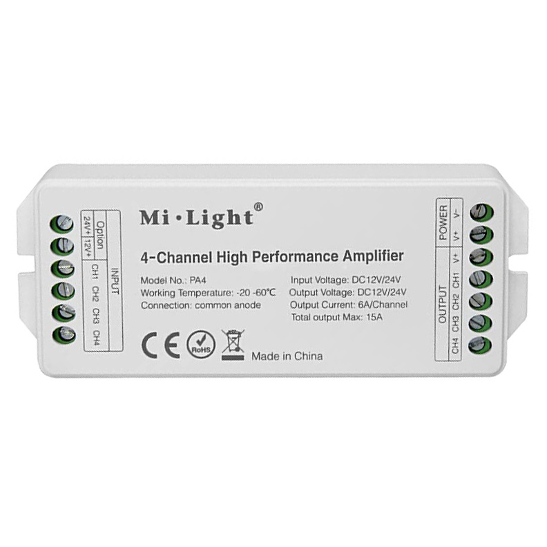 PA4 4-Kanal-Hochleistungsverstärker für SC/CCT/RGB/RGBW LED-Streifenlicht-Set PA4 4-Kanal-Hochleistungsverstärker für SC/CCT/RGB/RGBW LED-Streifenlicht-Set