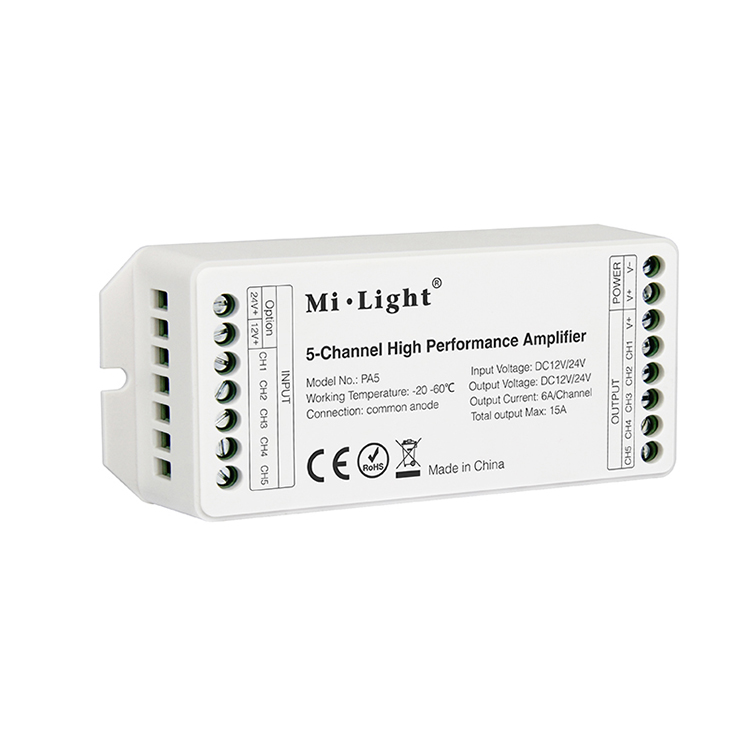 DC12/24V 5-Channel High-Performance Amplifier PA5,For Single Color, RGB, RGBW, RGB+CCT LED Strip Light