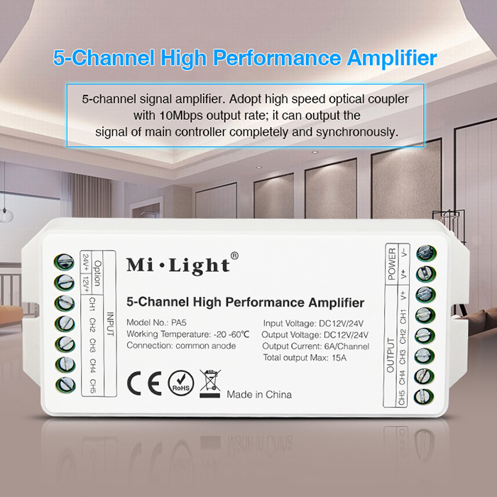 DC12/24V 5-Channel High-Performance Amplifier PA5,For Single Color, RGB, RGBW, RGB+CCT LED Strip Light DC12/24V 5-Channel High-Performance Amplifier PA5,For Single Color, RGB, RGBW, RGB+CCT LED Strip Light