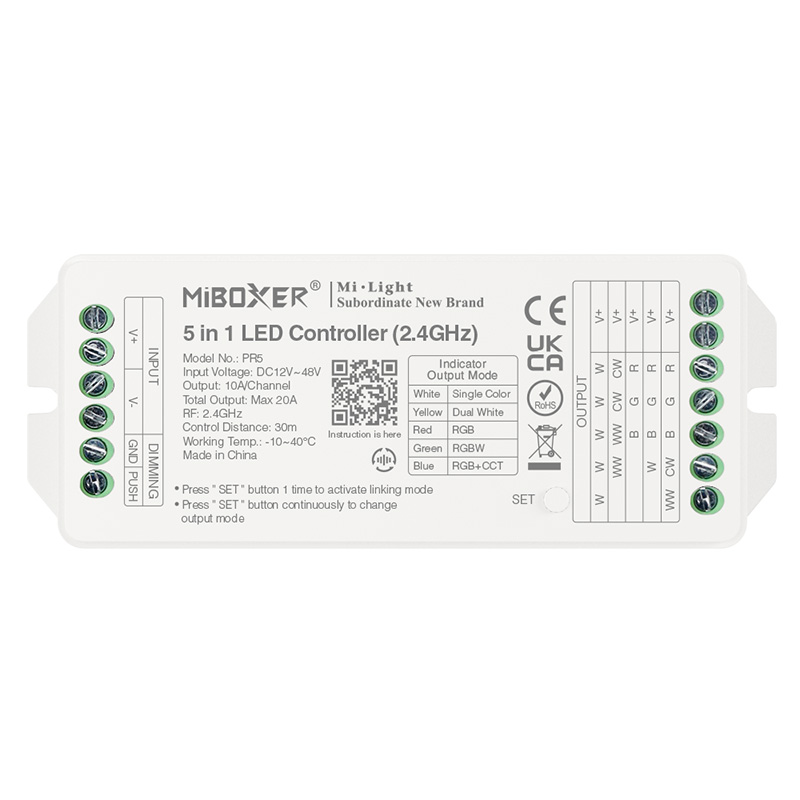 PR5 12 až 48 V DC RF 5 v 1 LED Strip Light Dimmer Controller PR5 12 až 48 V DC RF 5 v 1 LED Strip Light Dimmer Controller