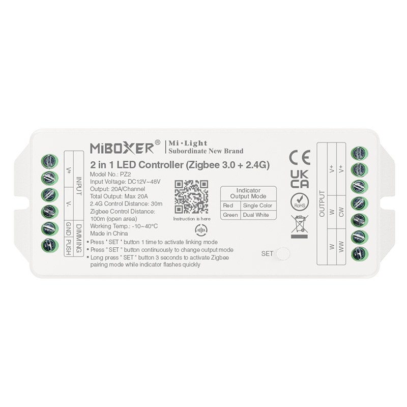 PZ2 20A 2v1 RF stmívatelný Zigbee CCT LED ovladač PZ2 20A 2v1 RF stmívatelný Zigbee CCT LED ovladač