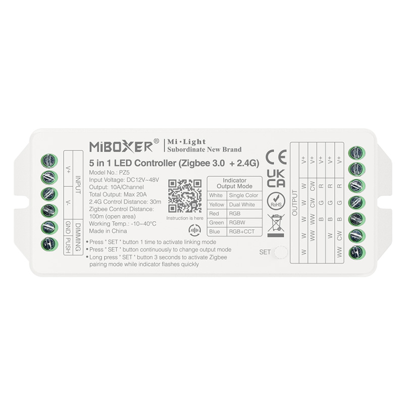 PZ5 20A RF Zigbee bezdrátový 5v1 LED páskový ovladač PZ5 20A RF Zigbee bezdrátový 5v1 LED páskový ovladač