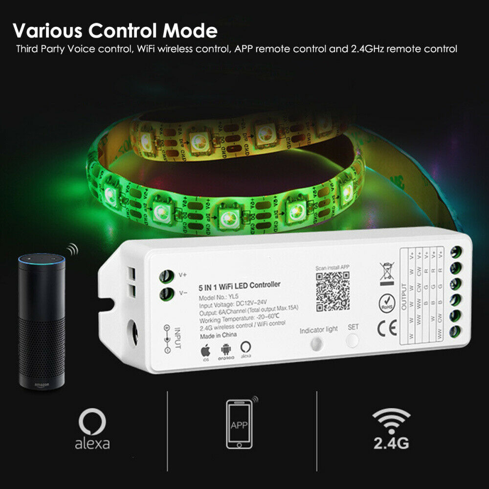 WL5/YL5 DC12~24V 5 IN 1 WiFi Alexa and Google Assistant Grouping LED Controller For RGB+CCT, Single color, RGBW LED Strip Lights