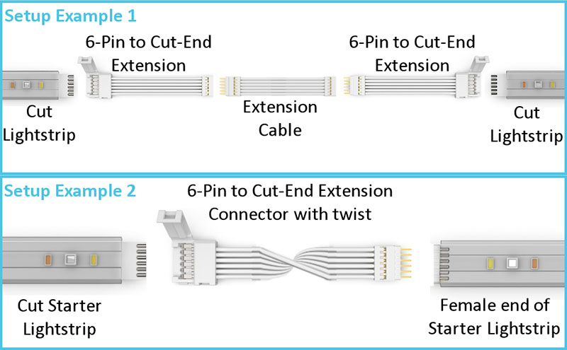 6-Pin-zu-Cut-End-Verlängerungsstecker für RGB+CCT-LED-Streifenlichter (2 Zoll/50 mm, weiß) 6-Pin-zu-Cut-End-Verlängerungsstecker für RGB+CCT-LED-Streifenlichter (2 Zoll/50 mm, weiß)