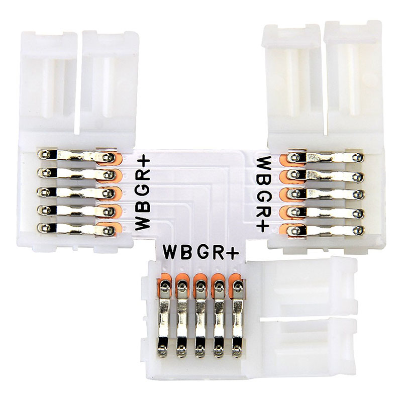 T-förmiger RGBW-LED-Lichtstreifen, 5-poliger Anschluss für 10/12 mm breite 5050- und 3528-LED-Lichterketten für den Innenbereich, Verlängerungsanschluss T-förmiger RGBW-LED-Lichtstreifen, 5-poliger Anschluss für 10/12 mm breite 5050- und 3528-LED-Lichterketten für den Innenbereich, Verlängerungsanschluss