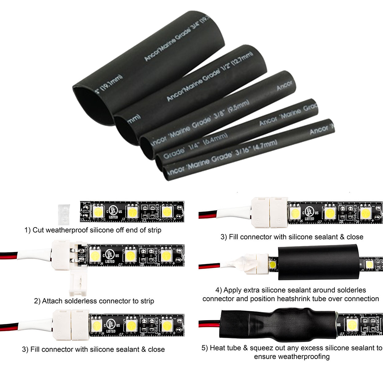 Nepájený tepelně smrštitelný hadičkový konektor odolný vůči povětrnostním vlivům pro flexibilní LED světelné pásy RGB, 10 cm v prodeji Nepájený tepelně smrštitelný hadičkový konektor odolný vůči povětrnostním vlivům pro flexibilní LED světelné pásy RGB, 10 cm v prodeji