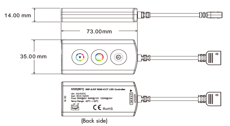 WiFi RGB CCT LED ovladač VD5(WT) velikosti