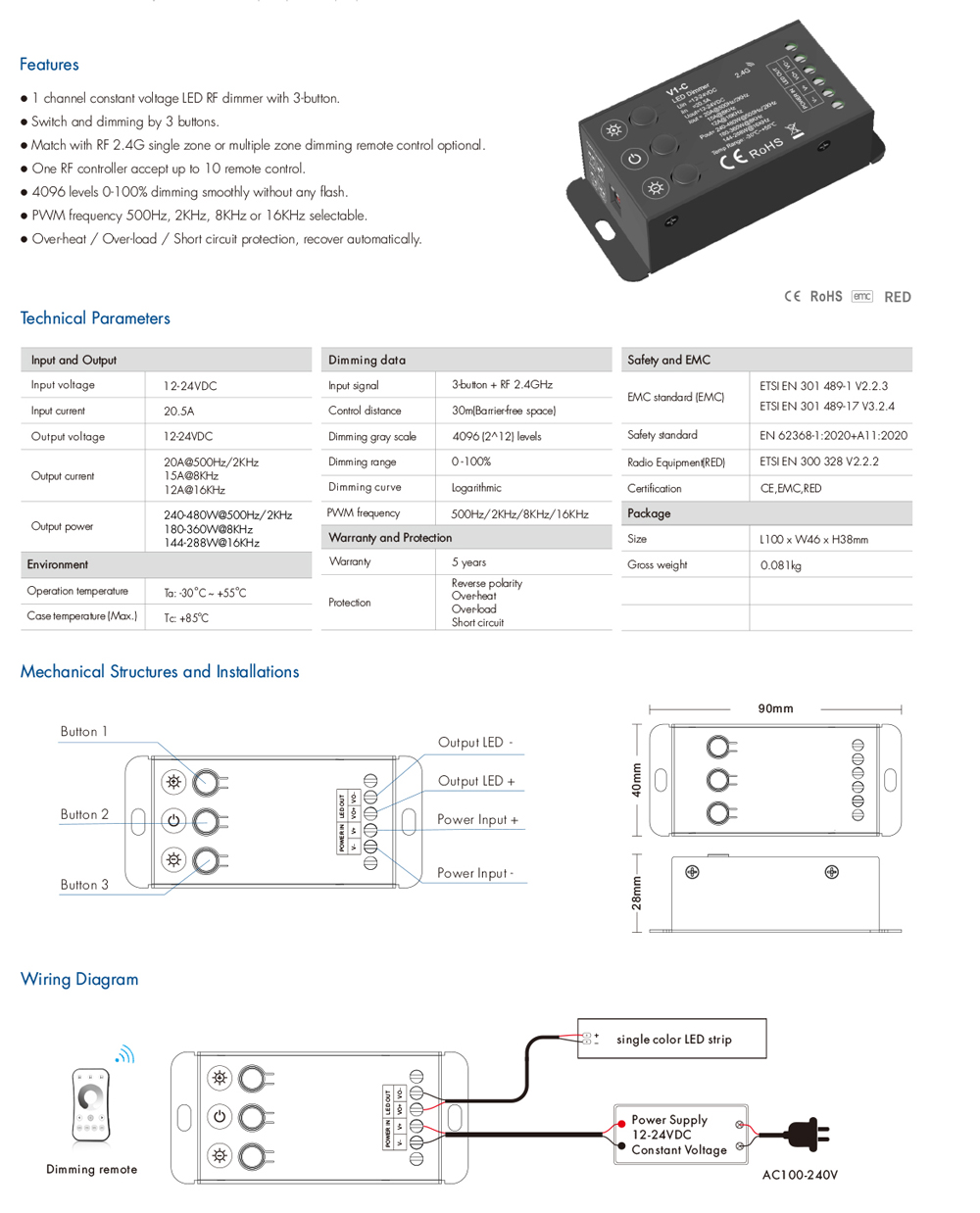 3 Tasten RF Kabelloser LED-Lichtdimmer-Controller