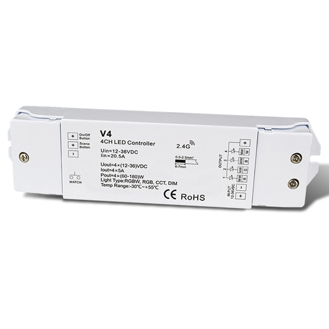 4CH 5A RF 2.4G přijímač s konstantním napětím WiFi řízený V4 Pro jednobarevnou, dvoubarevnou a RGB/RGBW LED páskovou instalaci